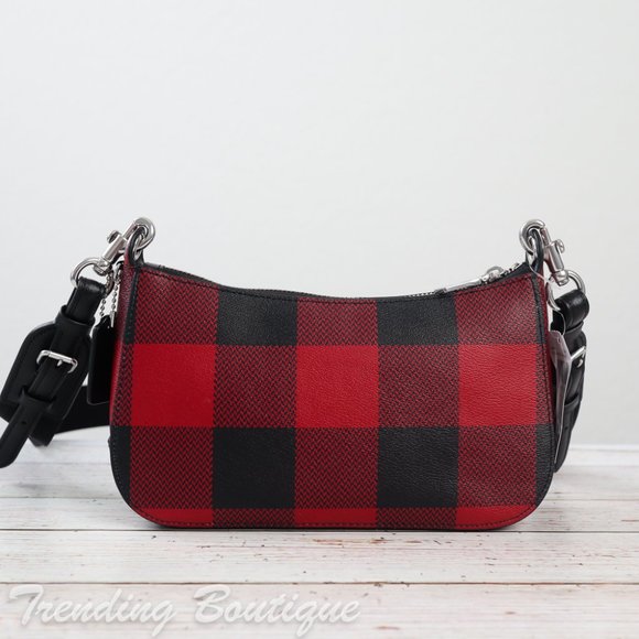 NWT Coach Jes Baguette Crossbody With Buffalo Plaid Print in Black/ Red - Picture 6 of 12